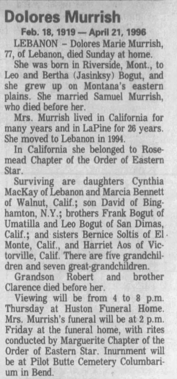Obituary for Dolores Marie Murrish, 1919-1996 (Aged 77)